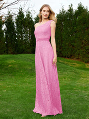 Robe en Dentelle Sans Manches à Une Épaule avec Ceinture Rose Bonbon
