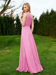 Robe en Dentelle Sans Manches à Une Épaule avec Ceinture Rose Bonbon