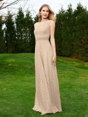 Robe en Dentelle Sans Manches à Une Épaule avec Ceinture Champagne