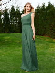 Robe en Dentelle Sans Manches à Une Épaule avec Ceinture Vert Foncé