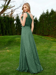 Robe en Dentelle Sans Manches à Une Épaule avec Ceinture Vert Foncé