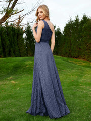 Robe en Dentelle Sans Manches à Une Épaule avec Ceinture Bleu Marine
