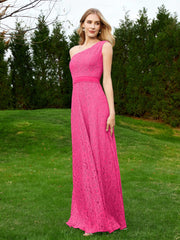 Robe en Dentelle Sans Manches à Une Épaule avec Ceinture Fuchsia