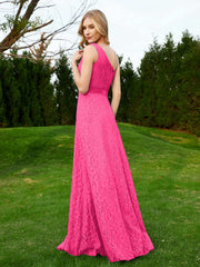 Robe en Dentelle Sans Manches à Une Épaule avec Ceinture Fuchsia