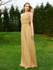 Robe en Dentelle Sans Manches à Une Épaule avec Ceinture Or