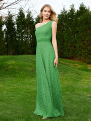 Robe en Dentelle Sans Manches à Une Épaule avec Ceinture Vert