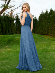 Robe en Dentelle Sans Manches à Une Épaule avec Ceinture Bleu Encre