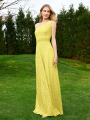 Robe en Dentelle Sans Manches à Une Épaule avec Ceinture Citron