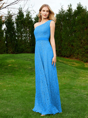 Robe en Dentelle Sans Manches à Une Épaule avec Ceinture Bleu Océan