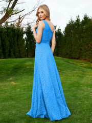 Robe en Dentelle Sans Manches à Une Épaule avec Ceinture Bleu Océan