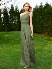 Robe en Dentelle Sans Manches à Une Épaule avec Ceinture Olive Verte Grande Taille