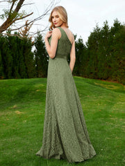 Robe en Dentelle Sans Manches à Une Épaule avec Ceinture Olive Verte