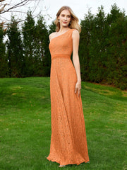 Robe en Dentelle Sans Manches à Une Épaule avec Ceinture Orange Grande Taille