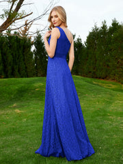 Robe en Dentelle Sans Manches à Une Épaule avec Ceinture Bleu Royale