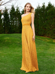 Robe en Dentelle Sans Manches à Une Épaule avec Ceinture Mandarine