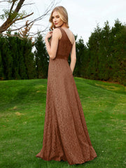 Robe en Dentelle Sans Manches à Une Épaule avec Ceinture Terracotta