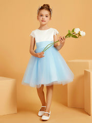 Robe de Fille en Satin/Tulle à Col en Scoop avec Longueur aux Genoux Bleu Ciel