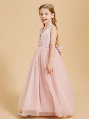 Robes de Demoiselle d'Honneur Junior en Tulle avec Haut en Satin Rose Poudré