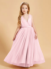 Robes de Demoiselle d'Honneur Junior en Tulle avec Haut en Satin Rose Pâle
