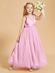 Robes de Demoiselle d'Honneur Junior en Tulle avec Haut en Satin Rose Bonbon