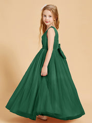 Robes de Demoiselle d'Honneur Junior en Tulle avec Haut en Satin Vert Foncé