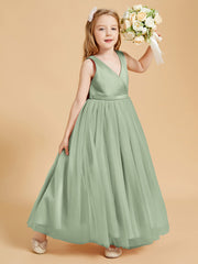 Robes de Demoiselle d'Honneur Junior en Tulle avec Haut en Satin Sauge Poudrée
