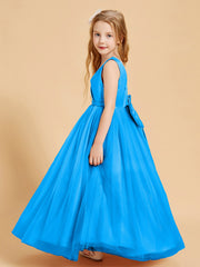 Robes de Demoiselle d'Honneur Junior en Tulle avec Haut en Satin Bleu Océan