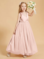 Robes de Demoiselle d'Honneur Junior en Tulle avec Haut en Satin Rose Perle