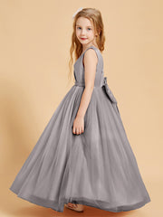 Robes de Demoiselle d'Honneur Junior en Tulle avec Haut en Satin Argent