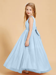 Robes de Demoiselle d'Honneur Junior en Tulle avec Haut en Satin Bleu Ciel