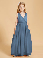 Robes de Demoiselle d'Honneur Junior en Tulle avec Haut en Satin Bleu de Schiste