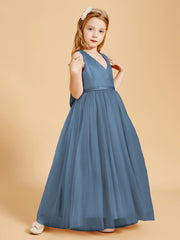 Robes de Demoiselle d'Honneur Junior en Tulle avec Haut en Satin Bleu de Schiste