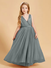 Robes de Demoiselle d'Honneur Junior en Tulle avec Haut en Satin Gris Acier
