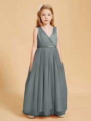Robes de Demoiselle d'Honneur Junior en Tulle avec Haut en Satin Gris Acier