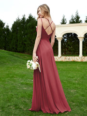 Robe en Mousseline Plissée à Bretelles Spaghetti et Col en V Cannelle Rose Grande Taille