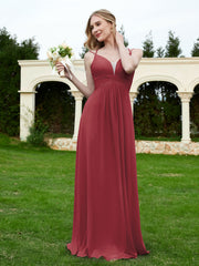 Robe en Mousseline Plissée à Bretelles Spaghetti et Col en V Cannelle Rose Grande Taille