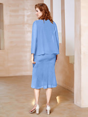 Robe Fourreau à Col en Scoop Longueur de Mollet en Mousseline Bleu Grande Taille