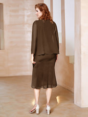 Robe Fourreau à Col en Scoop Longueur de Mollet en Mousseline Brun