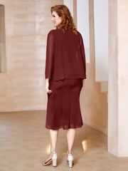 Robe Fourreau à Col en Scoop Longueur de Mollet en Mousseline Bordeaux