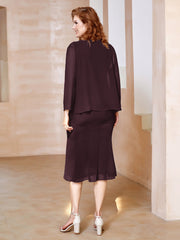 Robe Fourreau à Col en Scoop Longueur de Mollet en Mousseline Cabernet