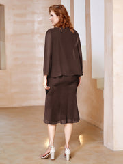 Robe Fourreau à Col en Scoop Longueur de Mollet en Mousseline Chocolat
