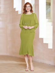 Robe Fourreau à Col en Scoop Longueur de Mollet en Mousseline Trèfle Grande Taille