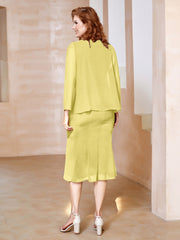 Robe Fourreau à Col en Scoop Longueur de Mollet en Mousseline Jonquille