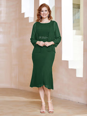 Robe Fourreau à Col en Scoop Longueur de Mollet en Mousseline Vert Foncé
