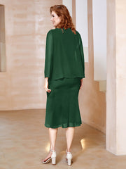 Robe Fourreau à Col en Scoop Longueur de Mollet en Mousseline Vert Foncé Grande Taille