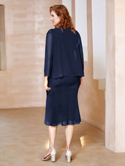 Robe Fourreau à Col en Scoop Longueur de Mollet en Mousseline Bleu Marine Grande Taille