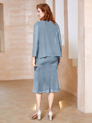 Robe Fourreau à Col en Scoop Longueur de Mollet en Mousseline Bleu Poudré Grande Taille