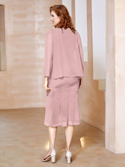 Robe Fourreau à Col en Scoop Longueur de Mollet en Mousseline Rose Poudré