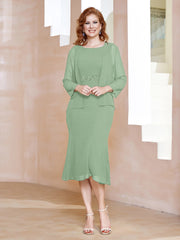 Robe Fourreau à Col en Scoop Longueur de Mollet en Mousseline Sauge Poudrée Grande Taille