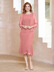 Robe Fourreau à Col en Scoop Longueur de Mollet en Mousseline Flamant